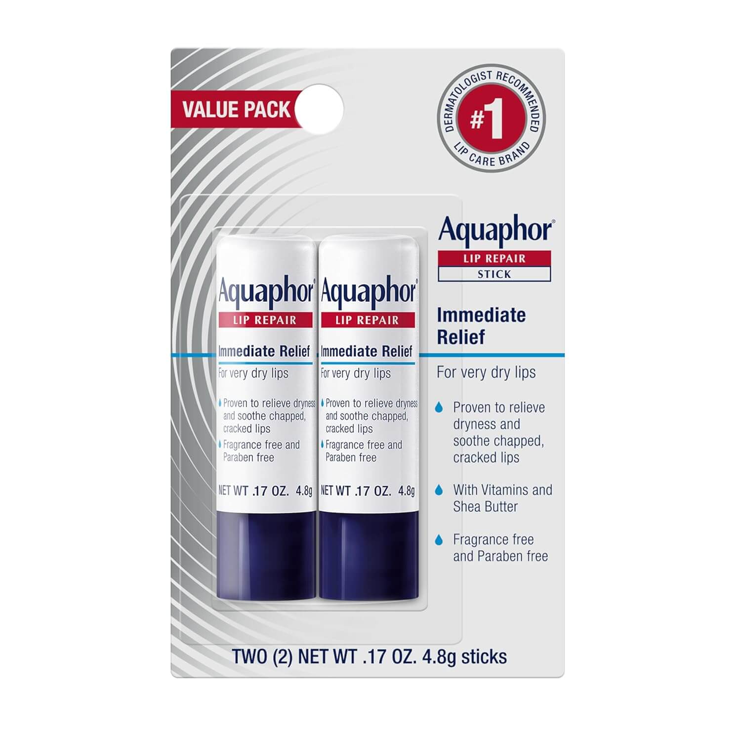 Aquaphor Lip Repair Stick – Moisturizing Lip Balm for Dry Lips, Pack of 2, 0.17 oz Each