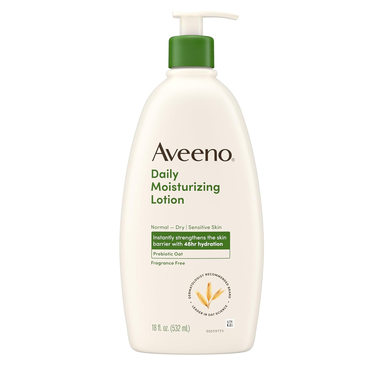 Aveeno Daily Moisturizing Body Lotion – Prebiotic Oat, Fragrance-Free, Non-Greasy Hydration for Dry Skin, 18 fl oz