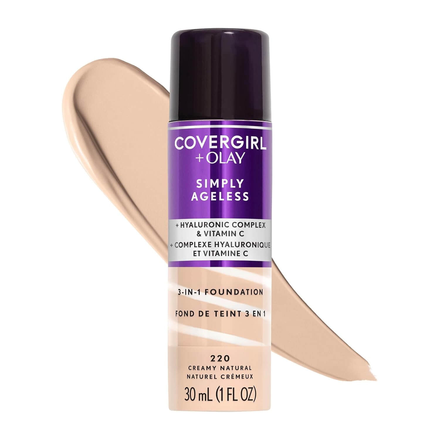 COVERGIRL + Olay Simply Ageless Foundation – 3-in-1 Matte Finish, Hyaluronic Acid & Vitamin C, 220 Creamy Natural