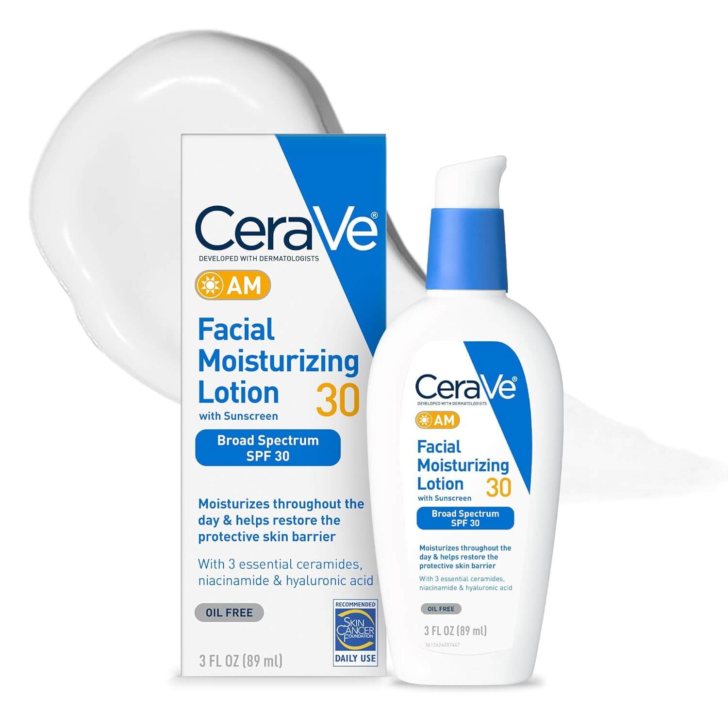 CeraVe AM Facial Moisturizing Lotion SPF 30 – Oil-Free Daily Face Moisturizer with Hyaluronic Acid, Niacinamide & Ceramides, Broad Spectrum Sunscreen, 3 oz