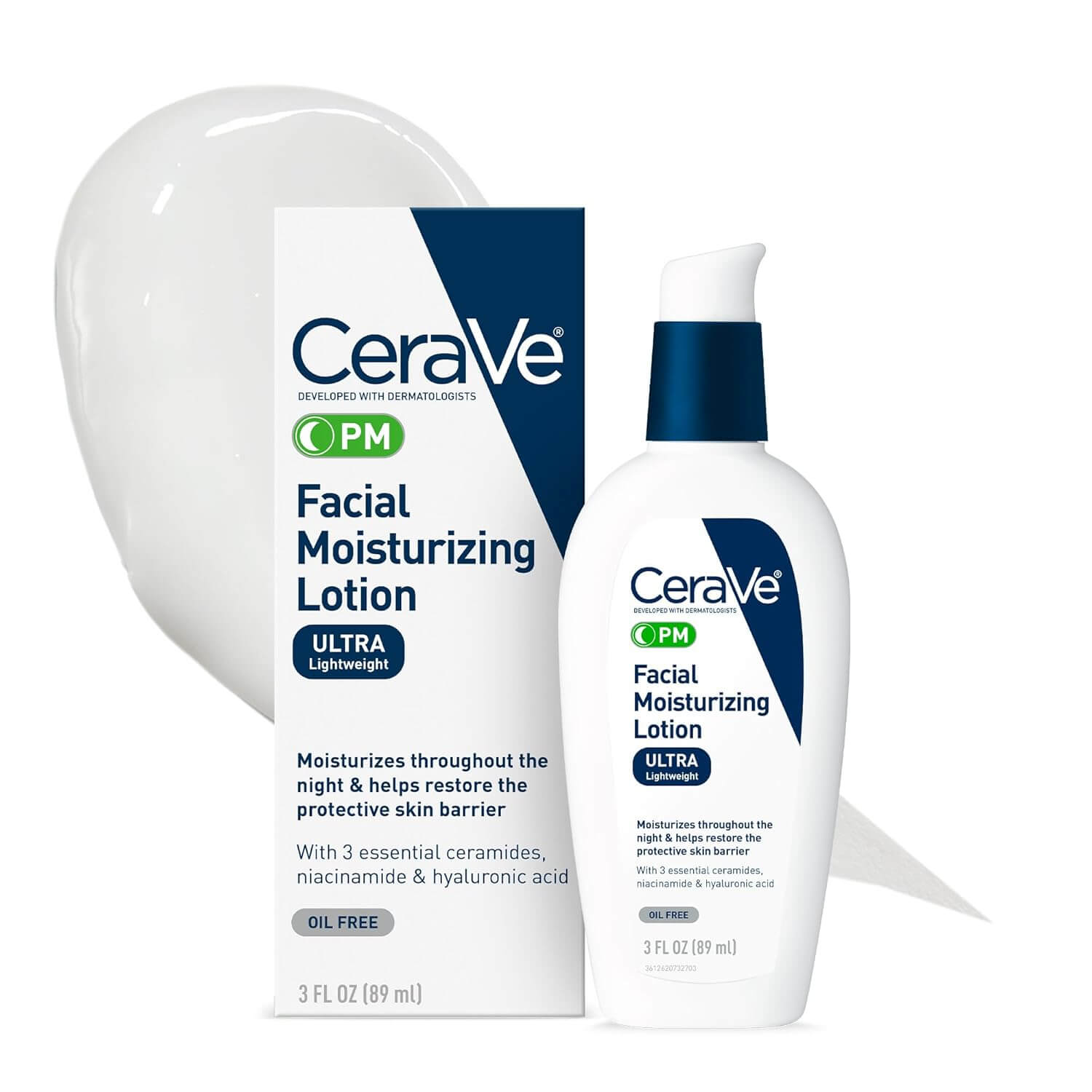 CeraVe PM Facial Moisturizing Lotion – Night Cream with Hyaluronic Acid & Niacinamide, Lightweight Oil-Free Face Moisturizer, 3 oz