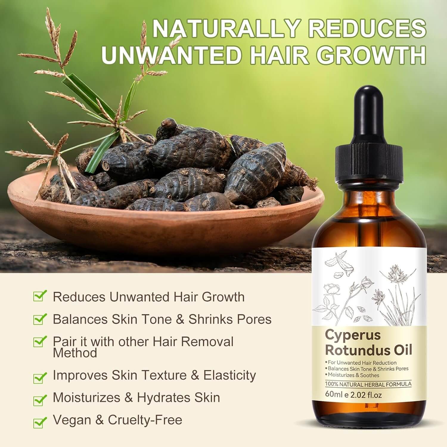 Cyperus Rotundus Oil – Natural Hair Reduction & Skin Soothing Oil, 2 fl oz