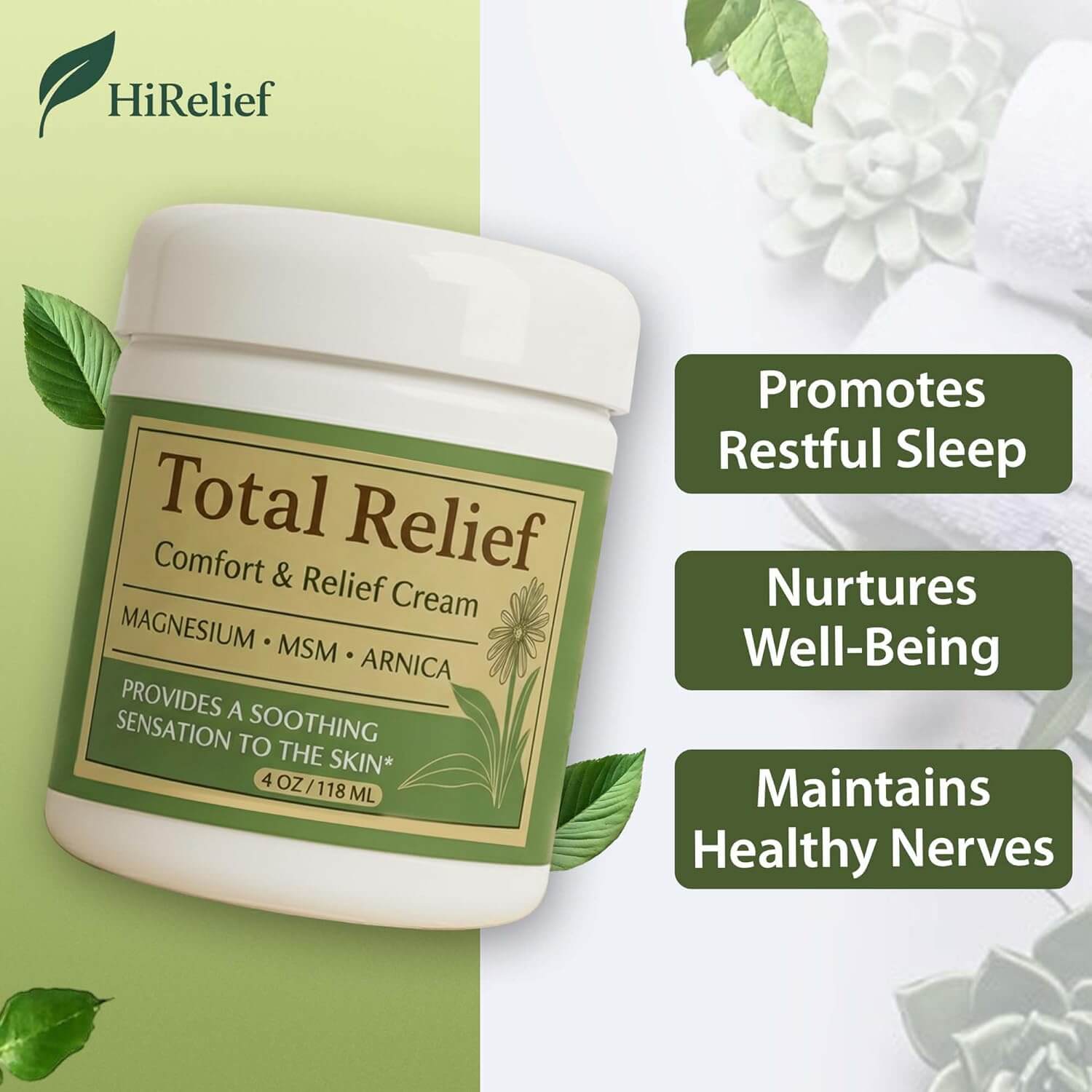 HiRelief Total Relief Magnesium Cream – Nerve & Muscle Comfort Cream, 4 fl oz