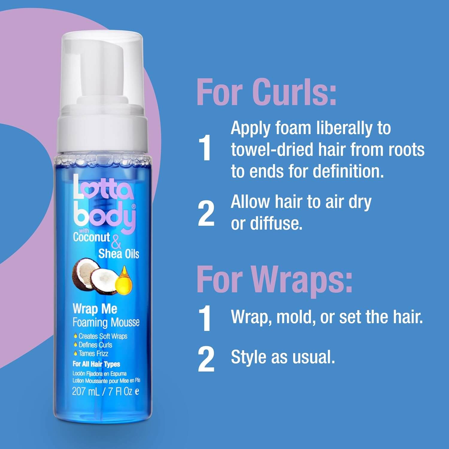 Lottabody Coconut & Shea Curl Mousse – Anti-Frizz Curl Defining Hair Foam, 7 fl oz
