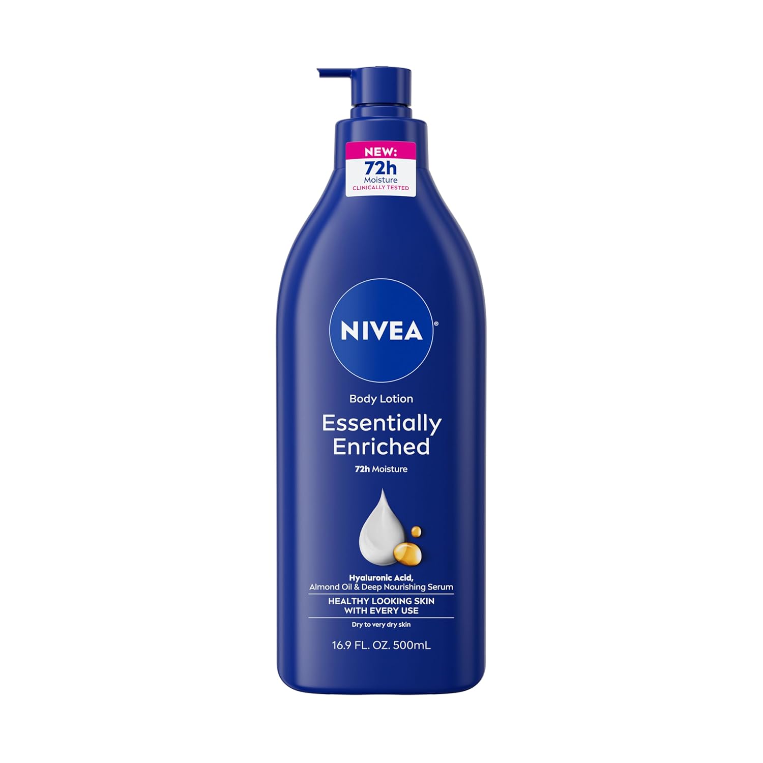 NIVEA Essentially Enriched Body Lotion – Hyaluronic Acid & Almond Oil, 72HR Hydration for Very Dry Skin, 16.9 fl oz Pump Bottle