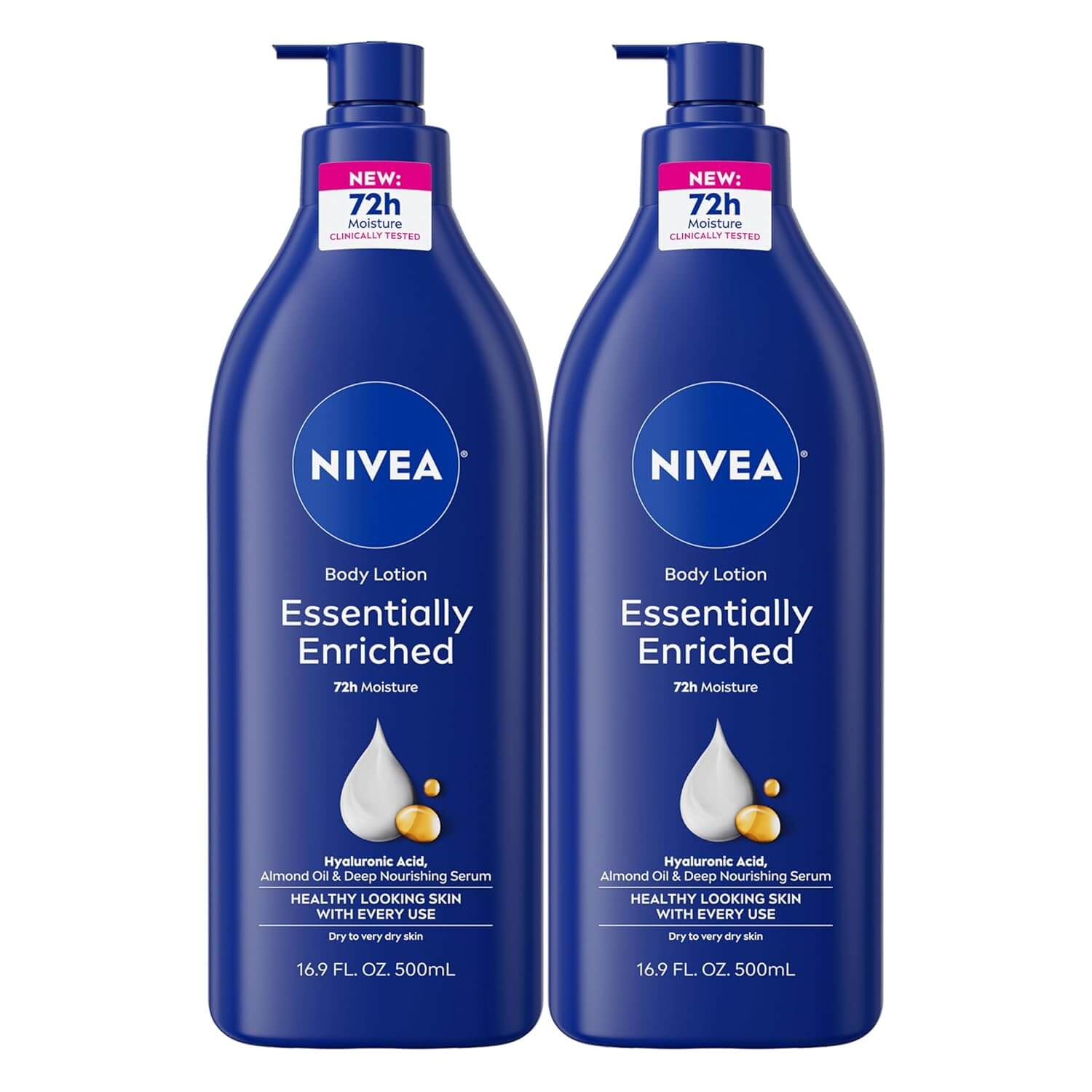 NIVEA Essentially Enriched Body Lotion – Hyaluronic Acid & Almond Oil, 72HR Hydration for Very Dry Skin, 2 Pack (16.9 fl oz each)