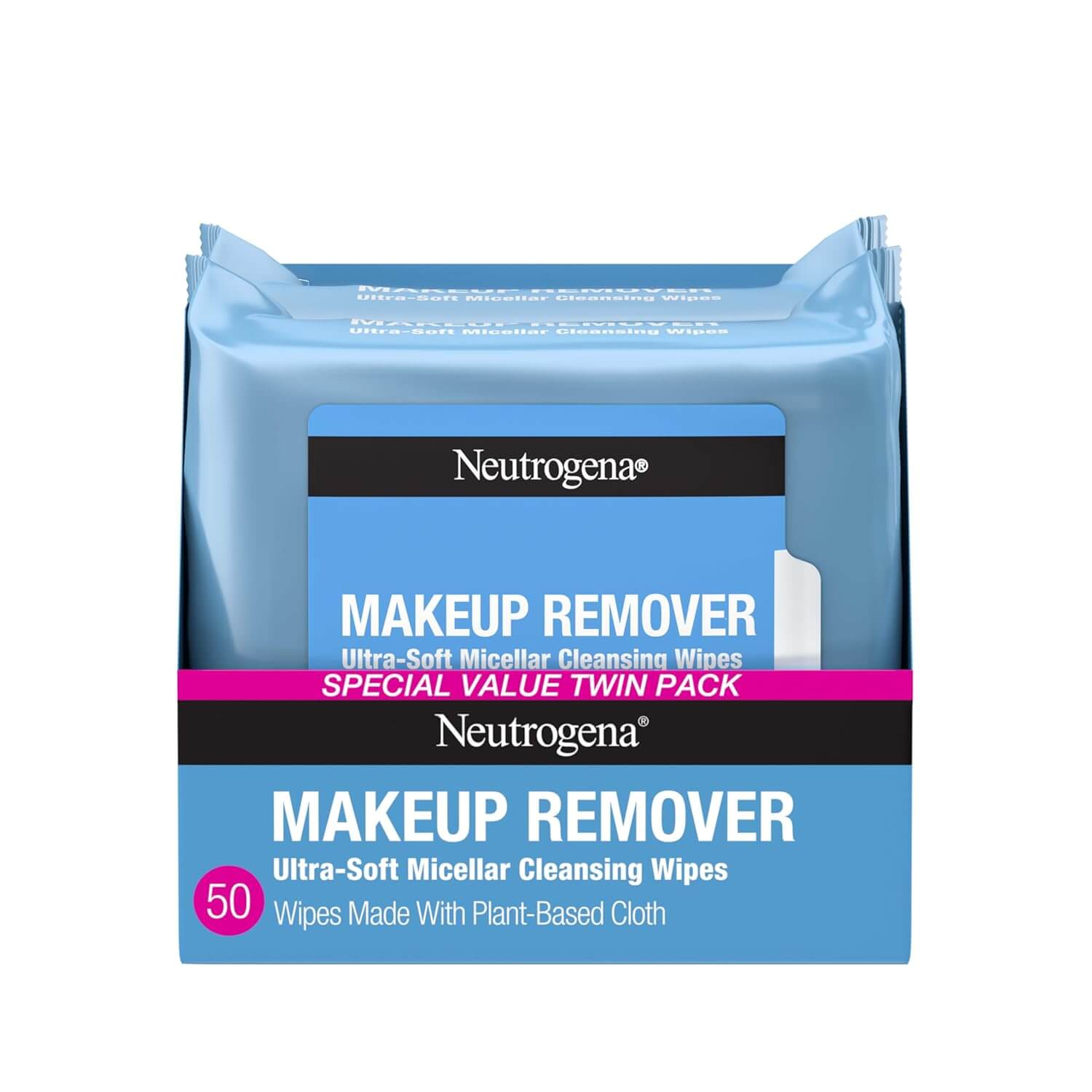 Neutrogena Makeup Remover Wipes – Micellar, Alcohol-Free, Removes Waterproof Makeup & Mascara, Compostable Plant-Based Cloth, 2 x 25 ct