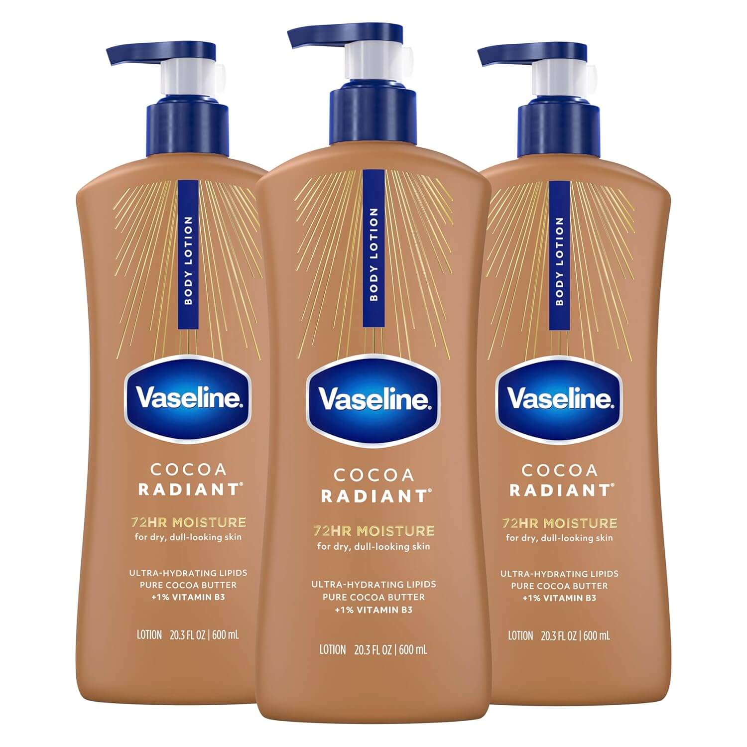 Vaseline Intensive Care Cocoa Radiant Body Lotion – Cocoa Butter & Lipids, Long-Lasting Hydration for Dry Skin, 3 Pack (20.3 oz each)